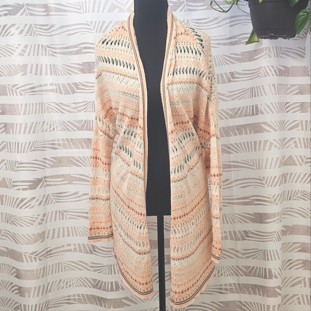 ROXY Women's Cream and Tan Open-Front Sweater Size XS